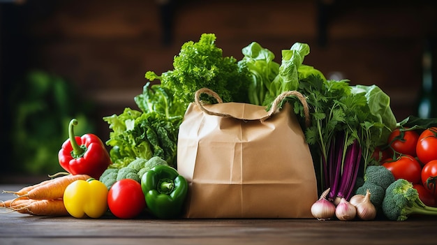 Bolso de mercearia de papel repleto de vegetais frescos coloridos em um balcão de cozinha de madeira com ervas ao fundo