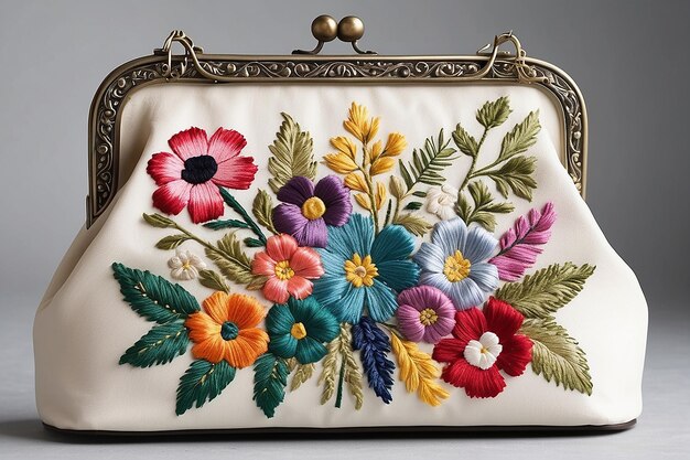 Foto bolso de moldura inspirado em vintage com motivos florais bordados