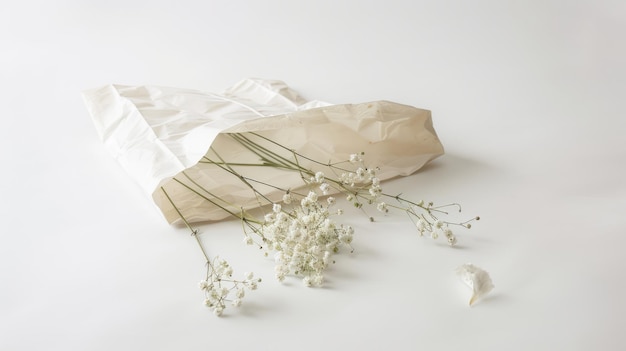 Bolso de papel branco com flores de gipsófila em fundo branco