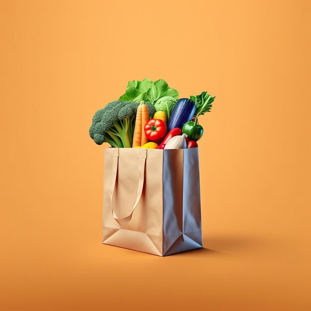 Bolso de papel cheio de vegetais e frutas em fundo sólido isolado