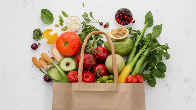 Bolso de papel com alimentos saudáveis sobre fundo branco