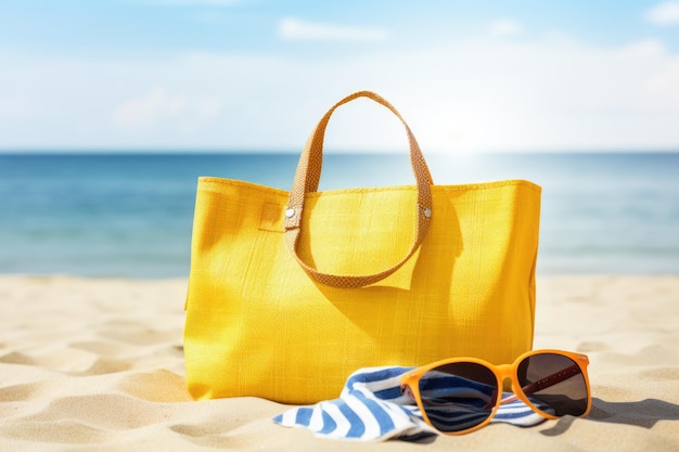 Bolso de praia com chinelos, toalha, óculos de sol.