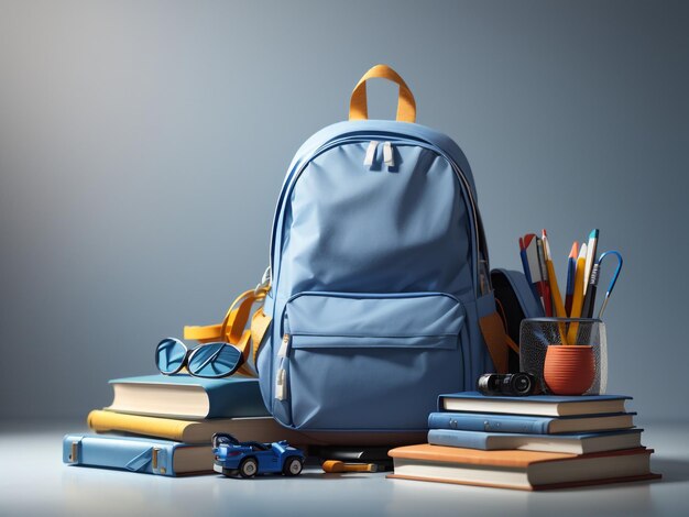 Bolso Escolar Azul com Livros e Acessórios Escolares