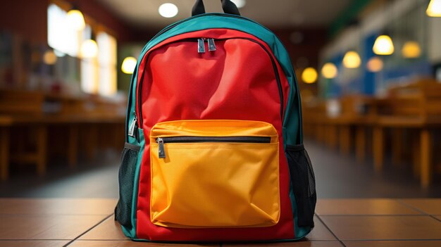 Bolso escolar de colores en un entorno de clase