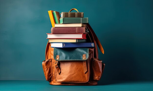 Bolso escolar e livros com fundo azul