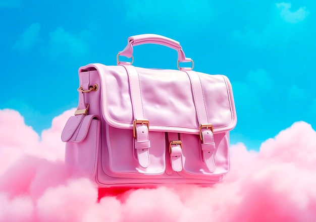 Bolso de escuela rosa pastel flotando sobre el fondo azul del cielo Vida muerta moderna surrealista Generada por IA
