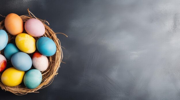 Foto bolso con huevos de pascua de colores de fondo minimalista