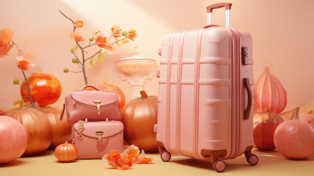 Bolso maleta rosa y cebollas gigantes sobre fondo amarillo ai