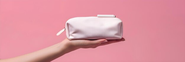 Foto bolso de maquillaje rosado para la mano