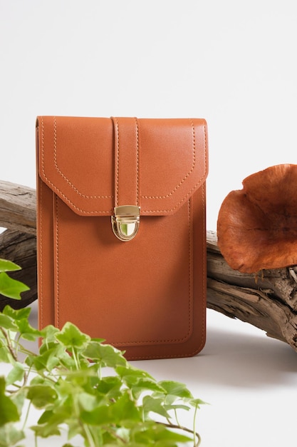 Bolso marrón hecho de cuero ecológico, madera a la deriva y hongos toadstools sobre un fondo gris, cuero de hongos