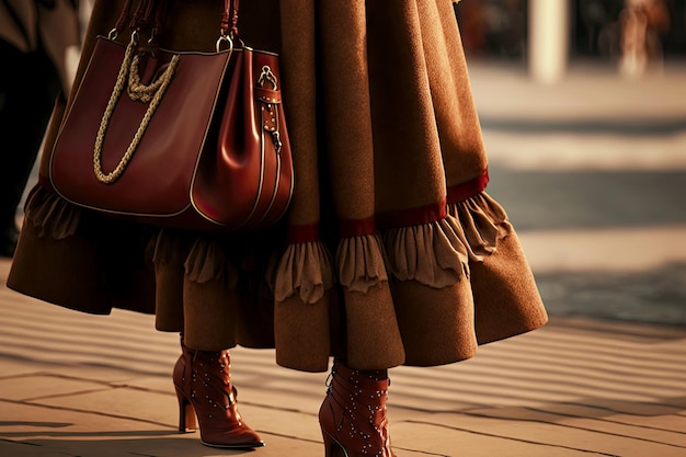 Foto bolso de mujer de cuero rojo de moda en el hombro de la niña