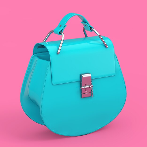 Bolso de mujer de lujo azul como estilo Duotone sobre un fondo rosa. Representación 3D