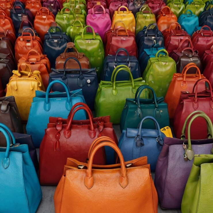 Bolso de mujer de moda en fondo de color vista superior