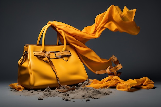 Bolso y pañuelo de mujer en el aire Cosas y accesorios de mujer de moda Bolso de mujer amarillo elegante y bufanda amarilla