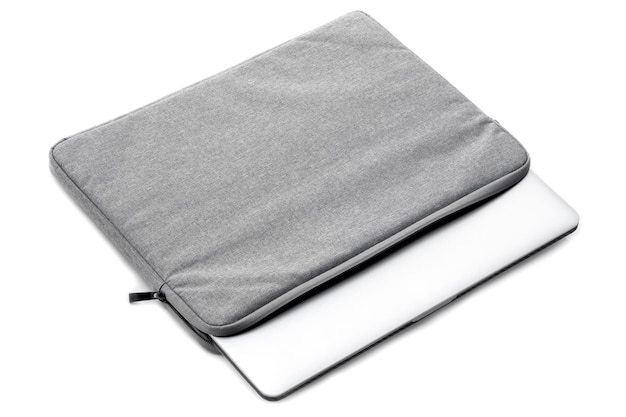 Bolso para portátiles de textura sintética de poliéster de lienzo sobre fondo blanco