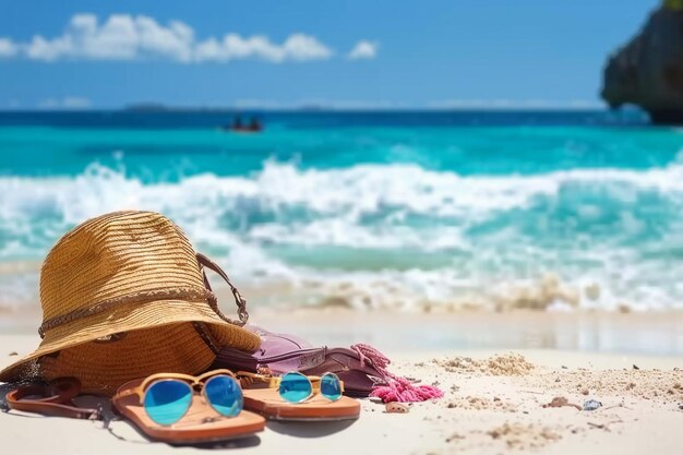 Bolso de sombrero de paja gafas de sol y zapatillas en una playa tropical generativa ai