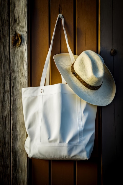 Bolso tote blanco con sombrero colgado en la manija de la puerta de madera IA generativa