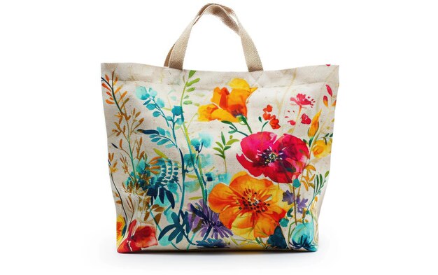 Bolso Tote de Yute con Estampado Floral Sobre Fondo Blanco