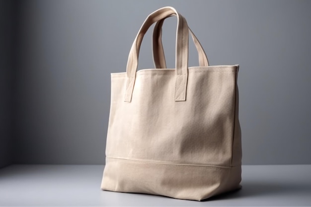 Bolso tote de lona de moda de color beige ecológico sobre fondo de pared blanca Ai generativo