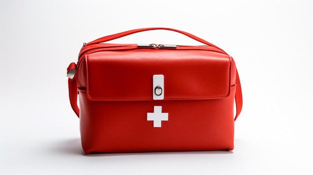 Foto bolso vermelho com kit de primeiros socorros
