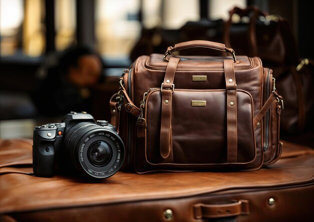 Bolso de viaje de lujo y cámara en la maleta de cuero marrón