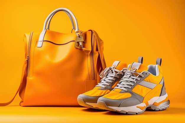 Bolso y zapatos deportivos para mujer Cosas y accesorios de moda para mujer Zapatillas o zapatillas de deporte con estilo para una joven moderna de fondo amarillo