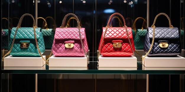 bolsos de mano de Chanel de colores están en exhibición en una tienda en el estilo de magenta oscura y oro claro