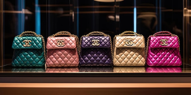 bolsos de mano de Chanel de colores están en exhibición en una tienda en el estilo de magenta oscura y oro claro