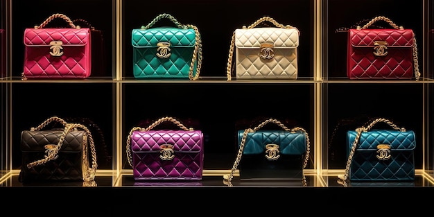 bolsos de mano de Chanel de colores están en exhibición en una tienda en el estilo de magenta oscura y oro claro