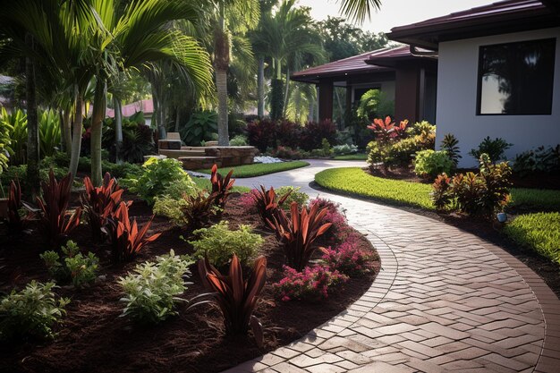 Bom cuidado manutenção jardim de padrão de curva cinza passarela areia lavada acabamento em concreto pavimentação cascalho borda grama lisa grama verde gramado árvores com suporte e arbustos no parque