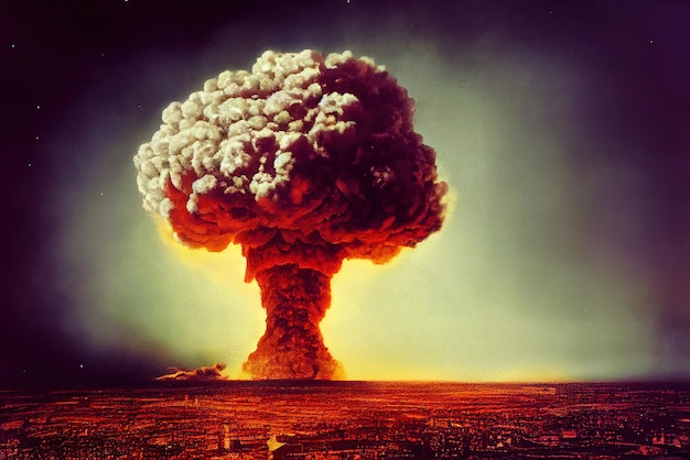 Bomba atômica na cidade Símbolo do fim da guerra do mundo Explosão nuclear Catástrofe 3d ilustração
