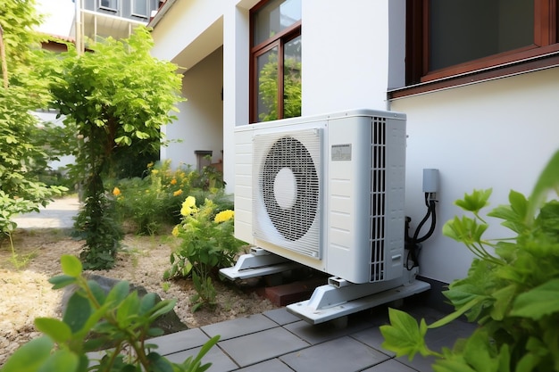 Bomba de calor colocada cerca de una casa Generativa Ai