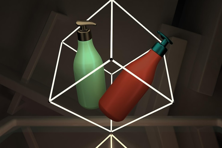 Foto bomba champú botellas perspectiva lado con iluminación