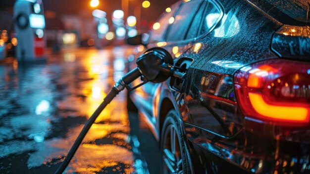 Foto bomba de combustível enche um tanque de um carro em uma estação