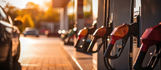 Bomba de óleo e bicos no posto de gasolina na rua