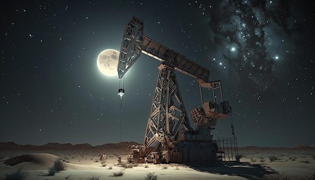 Bomba de óleo no poço de petróleo no deserto arenoso noturno lindo céu ao luar produção de área rica em petróleo