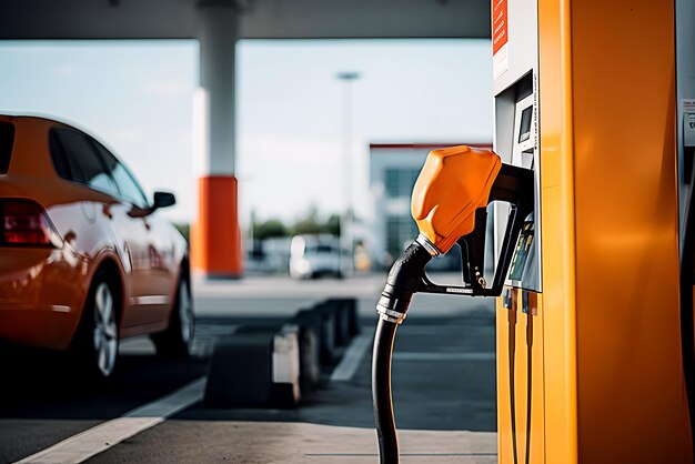 Bomba de gasolinera y automóvil borroso en el fondo al borde de la carretera