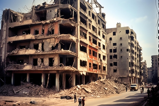 Bombardiertes zerstörtes Gebäude mit Trümmern im Konflikt Gaza Palästina Israel oder Russland Kriegszerstörung