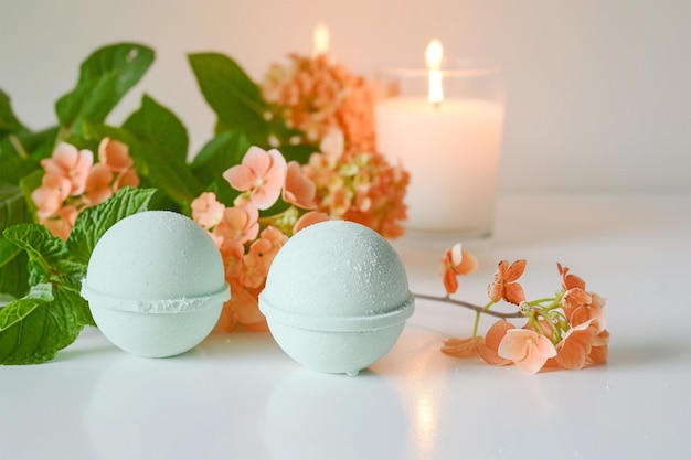 Bombas de baño de color verde naranja con hortensia en una vela encendida en la mesa blanca