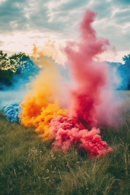 Foto bombas de humo de colores en un campo de hierba creado con ia generativa