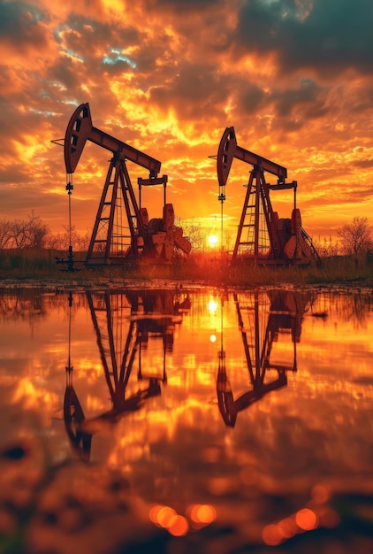 Las bombas de petróleo están funcionando en la puesta de sol en el campo petrolífero la bomba de petróleo es una silueta negra contra el cielo de la puesta del sol