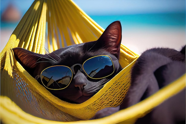 Bombay-Katze, die in einer Hängematte an einem Meeresstrand liegt und einen Urlaub genießt, der mit generativer KI gemacht wurde