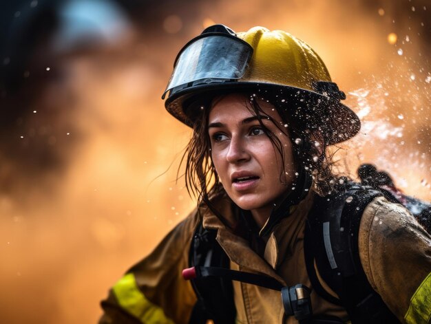 Foto bombeira feminina combate bravamente o fogo