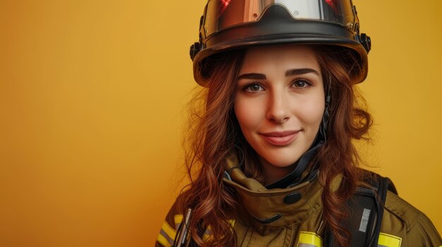 Bombeira jovem com um capacete preto refletor e uniforme mostrando prontidão e calma