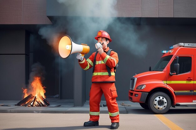 Bombeiro com megafone anuncia alarme de evacuação de emergência de incêndio Alerta de ocupantes do edifício Personagens