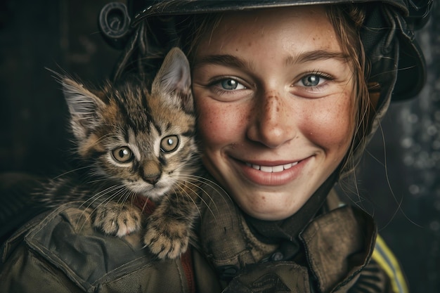 Foto bombeiro com um gatinho compartilhando um momento de alegria