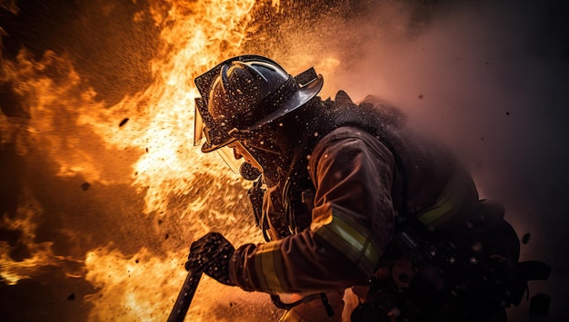 Bombeiro combatendo um incêndio com uma mangueira em um prédio em chamas