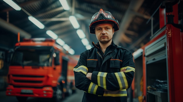 Foto bombeiro confiante em uniforme de pé erguido com os braços cruzados exalando força e determinação