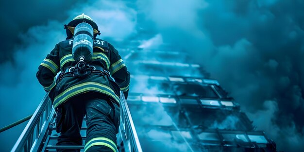 Foto bombeiro confiante sobe escada para combater incêndio em edifício alto conceito bombeiro no trabalho alta emergência corajoso resgate bravura em ação escada de escalada