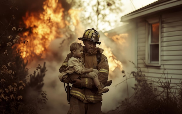 Bombeiro em ação carrega uma criança em seus braços de uma casa em chamas lutando contra uma casa de incêndio feroz.